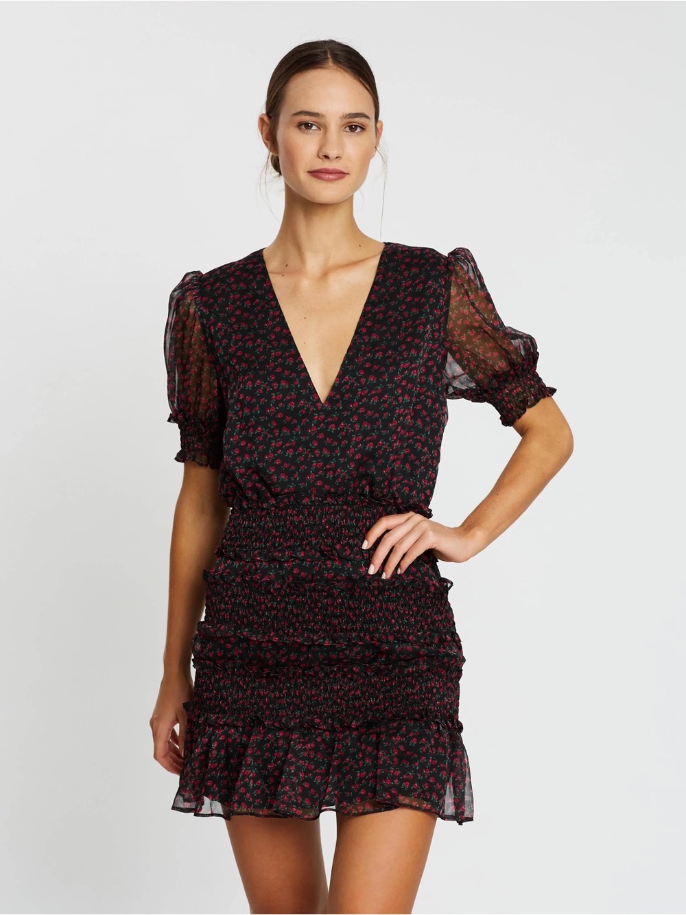 NWT The East Order "Behati" Black Rose Smocked Ruffle Mini Dress (Size S)